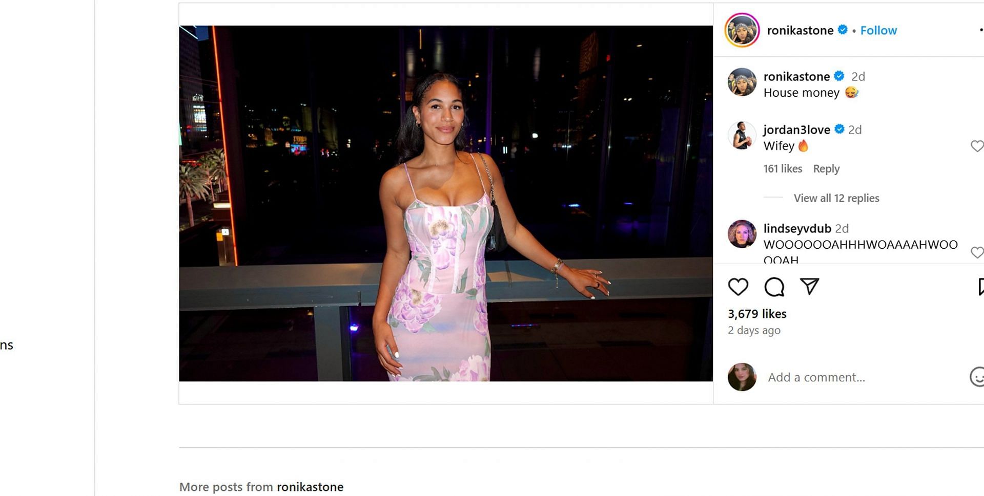 Jordan Love's reaction to fiancée Ronika Stone's date night outfit/@ronikastone